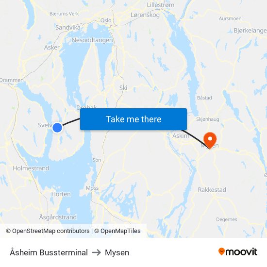 Åsheim Bussterminal to Mysen map