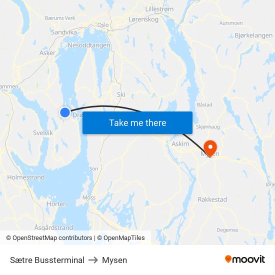 Sætre Bussterminal to Mysen map