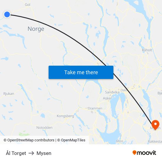 Ål Torget to Mysen map