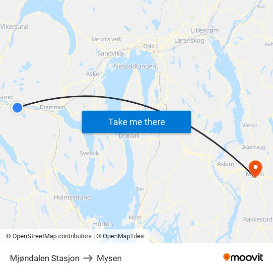 Mjøndalen Stasjon to Mysen map