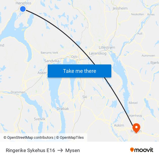 Ringerike Sykehus E16 to Mysen map