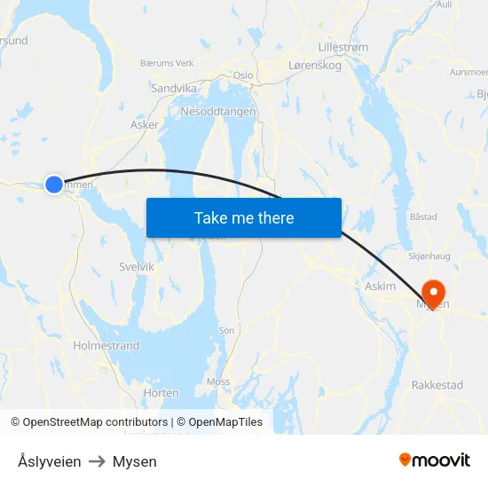 Åslyveien to Mysen map