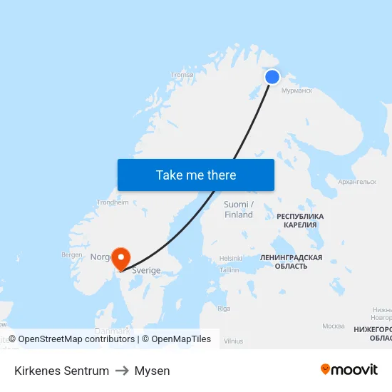 Kirkenes Sentrum to Mysen map