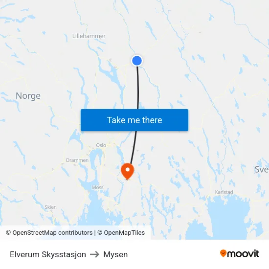 Elverum Skysstasjon to Mysen map