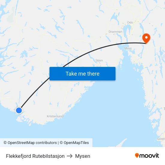 Flekkefjord Rutebilstasjon to Mysen map