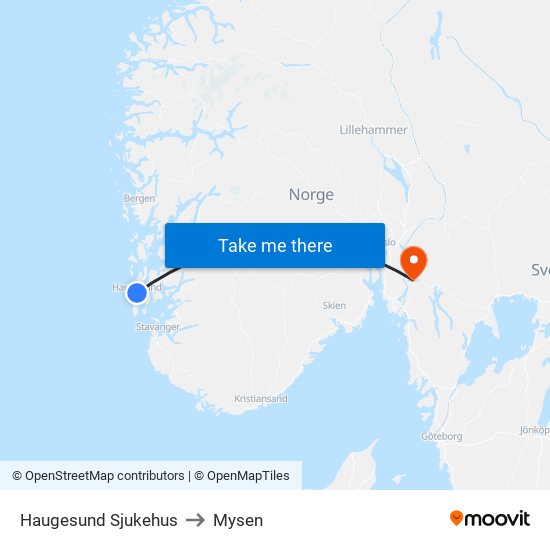 Haugesund Sjukehus to Mysen map