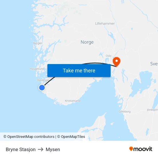 Bryne Stasjon to Mysen map