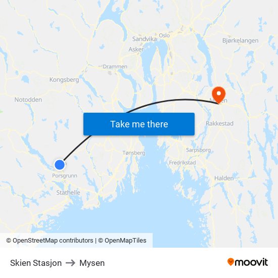 Skien Stasjon to Mysen map