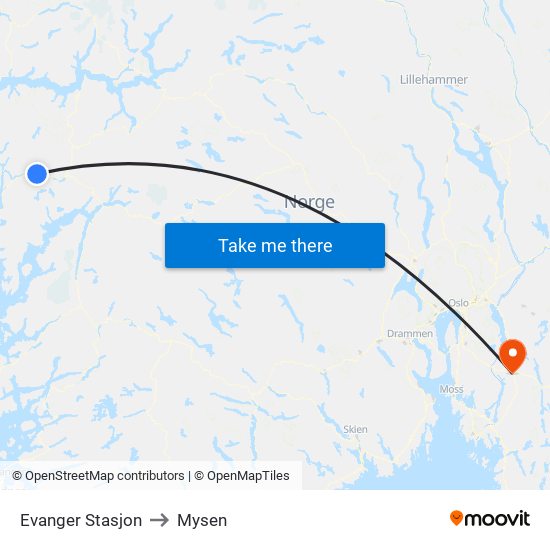 Evanger Stasjon to Mysen map