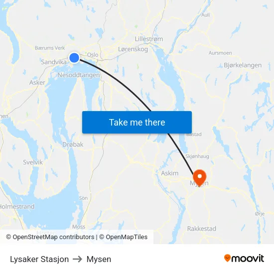 Lysaker Stasjon to Mysen map