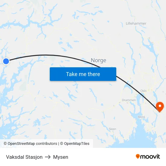 Vaksdal Stasjon to Mysen map