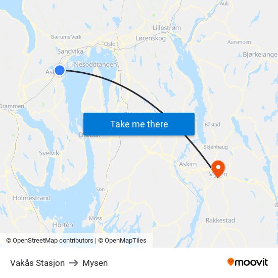 Vakås Stasjon to Mysen map