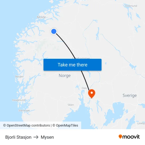 Bjorli Stasjon to Mysen map