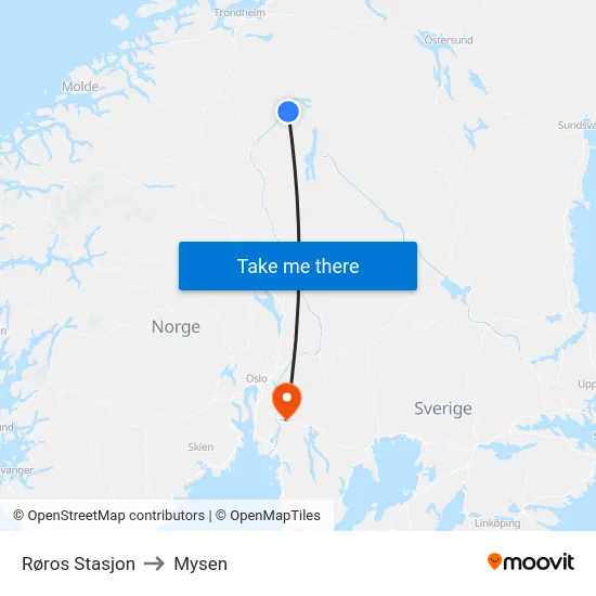 Røros Stasjon to Mysen map