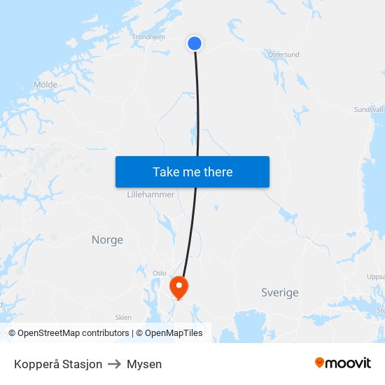 Kopperå Stasjon to Mysen map