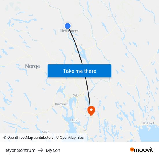 Øyer Sentrum to Mysen map