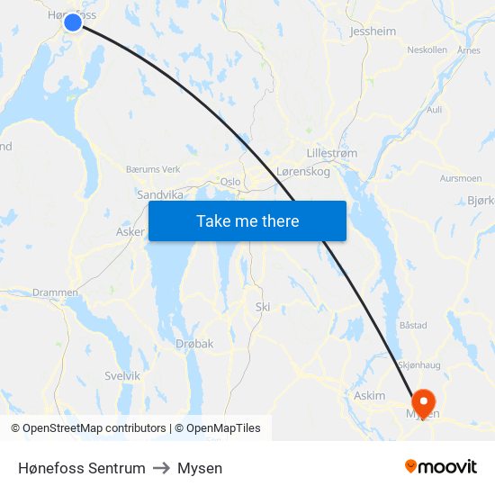 Hønefoss Sentrum to Mysen map