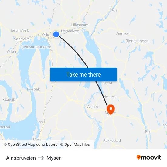 Alnabruveien to Mysen map