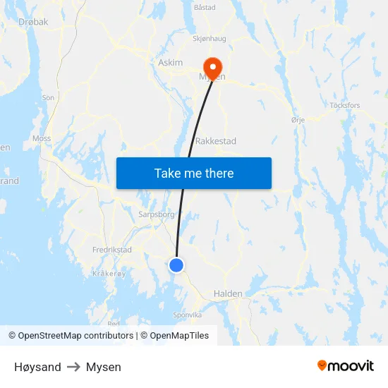 Høysand to Mysen map