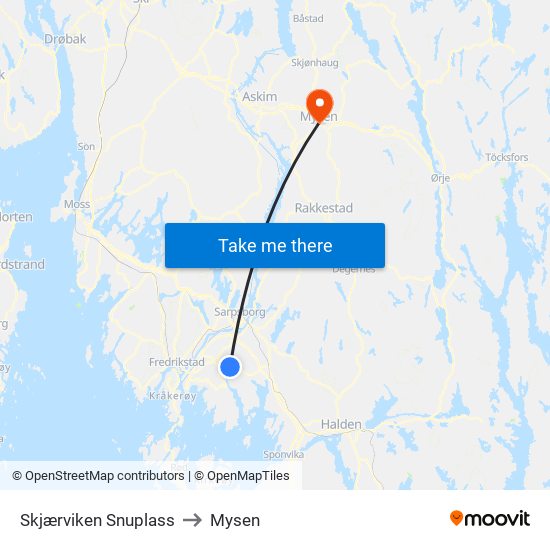 Skjærviken Snuplass to Mysen map