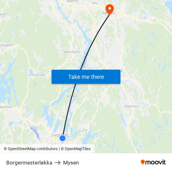 Borgermesterløkka to Mysen map