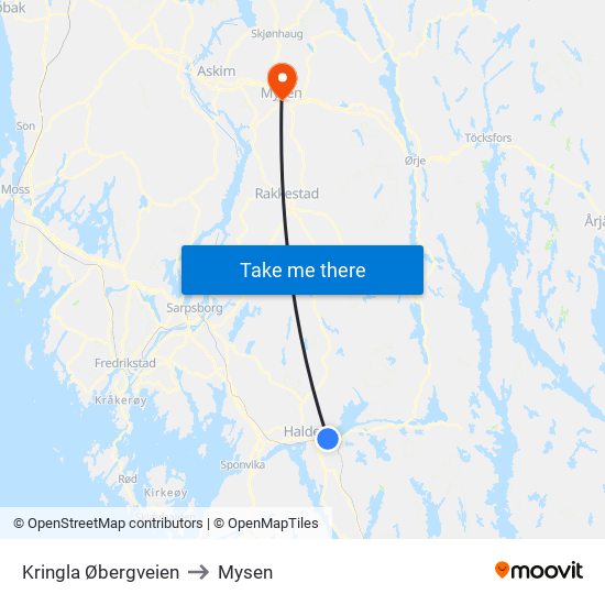 Kringla Øbergveien to Mysen map