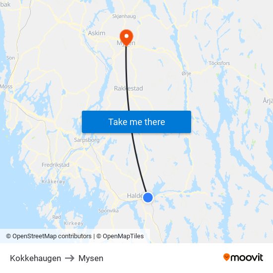 Kokkehaugen to Mysen map