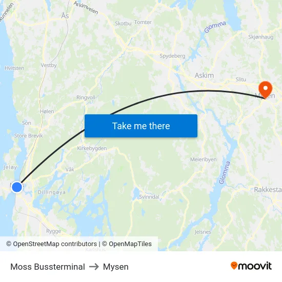 Moss Bussterminal to Mysen map