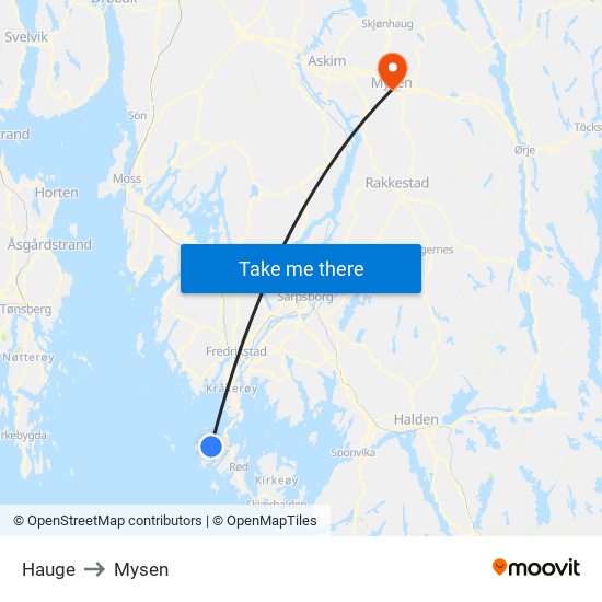 Hauge to Mysen map