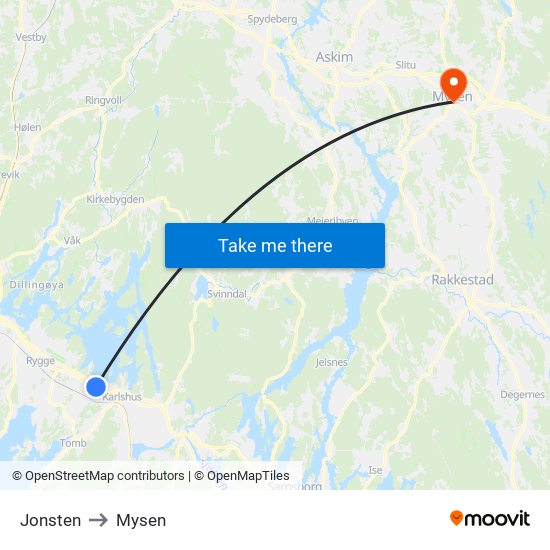 Jonsten to Mysen map