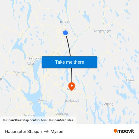 Hauerseter Stasjon to Mysen map