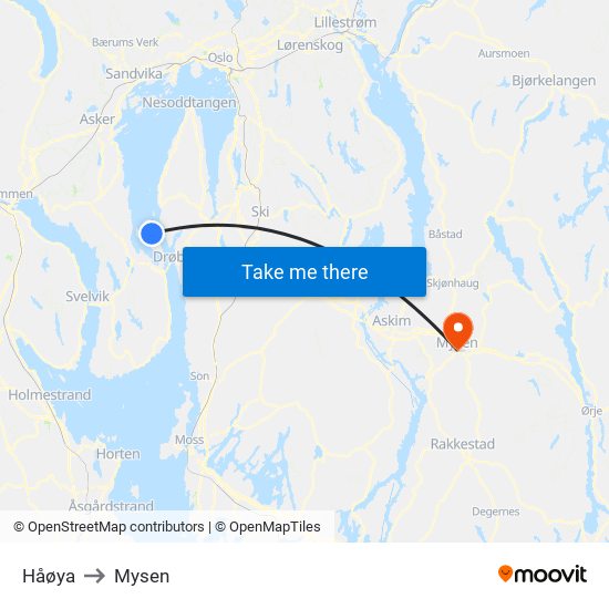 Håøya to Mysen map