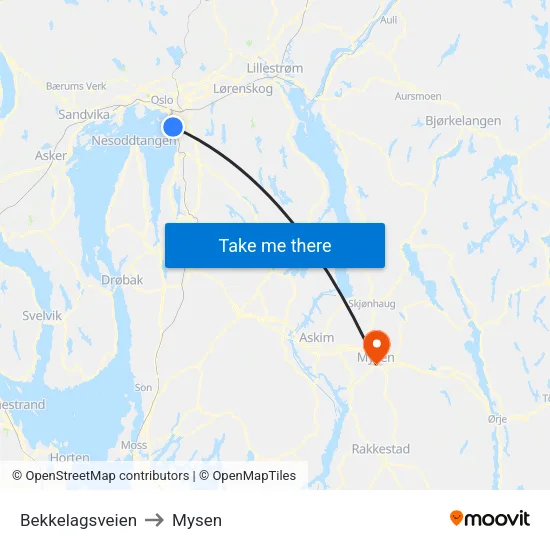 Bekkelagsveien to Mysen map