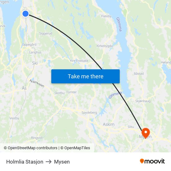 Holmlia Stasjon to Mysen map