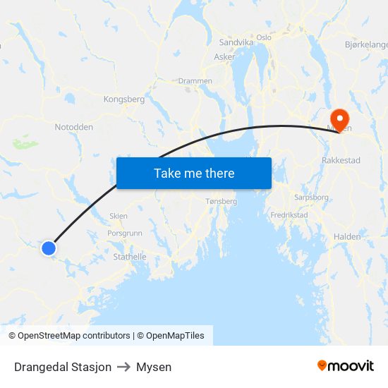 Drangedal Stasjon to Mysen map