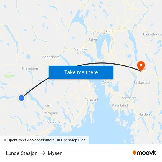 Lunde Stasjon to Mysen map