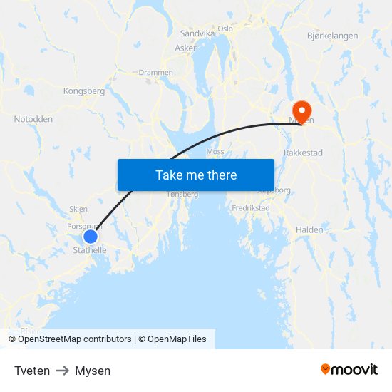 Tveten to Mysen map