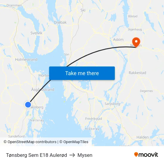 Tønsberg Sem E18 Aulerød to Mysen map