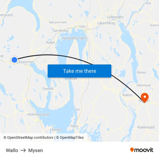 Wøllo to Mysen map