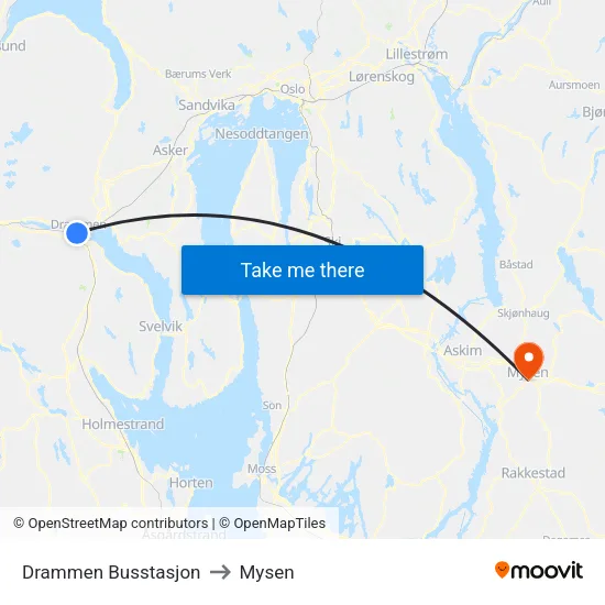 Drammen Busstasjon to Mysen map