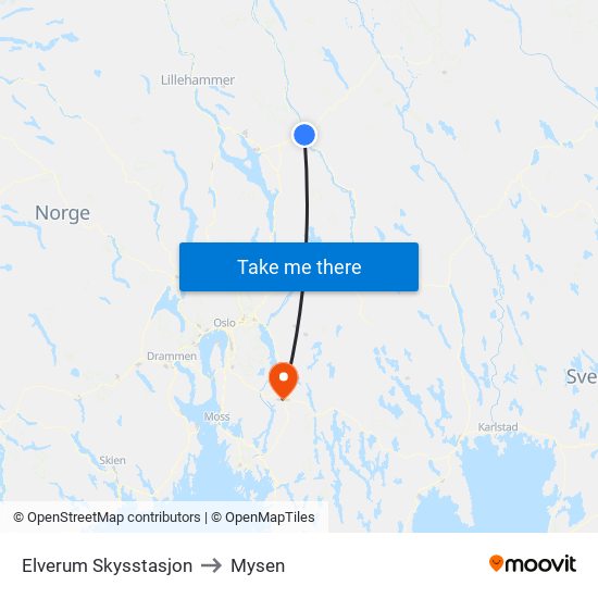 Elverum Skysstasjon to Mysen map