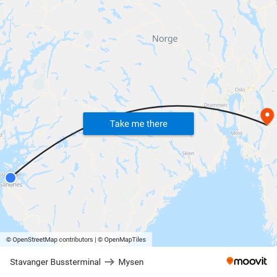 Stavanger Bussterminal to Mysen map