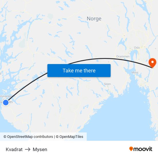 Kvadrat to Mysen map