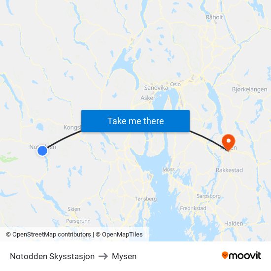 Notodden Skysstasjon to Mysen map