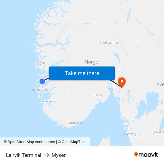 Leirvik Terminal to Mysen map