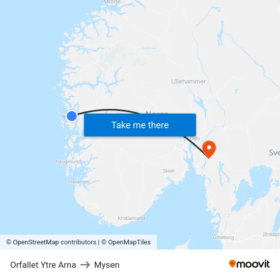 Orfallet Ytre Arna to Mysen map