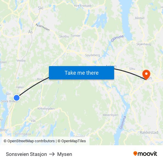 Sonsveien Stasjon to Mysen map