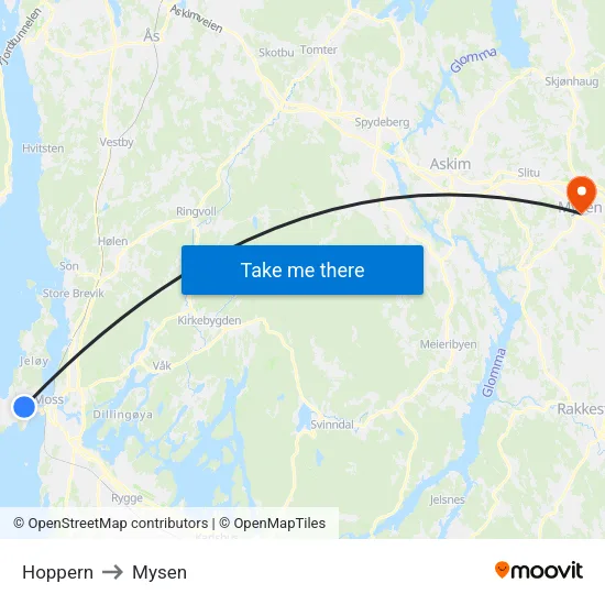 Hoppern to Mysen map