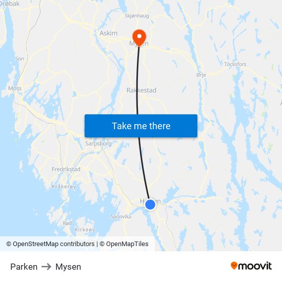 Parken to Mysen map