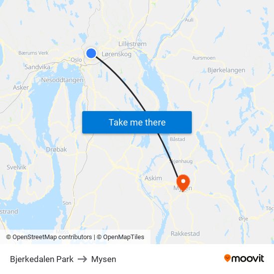 Bjerkedalen Park to Mysen map